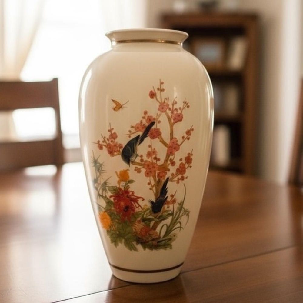 Vintage glass vase with Asian hand painted birds and blossoms